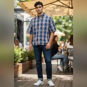 Carhartt Men’s Plaid Short Sleeve Button-Down Shirt‎ – Blue/Orange – Relaxed